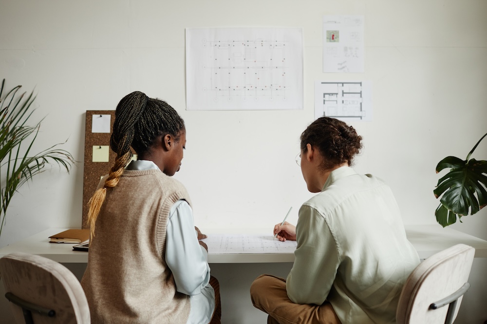 Two individuals meeting in office