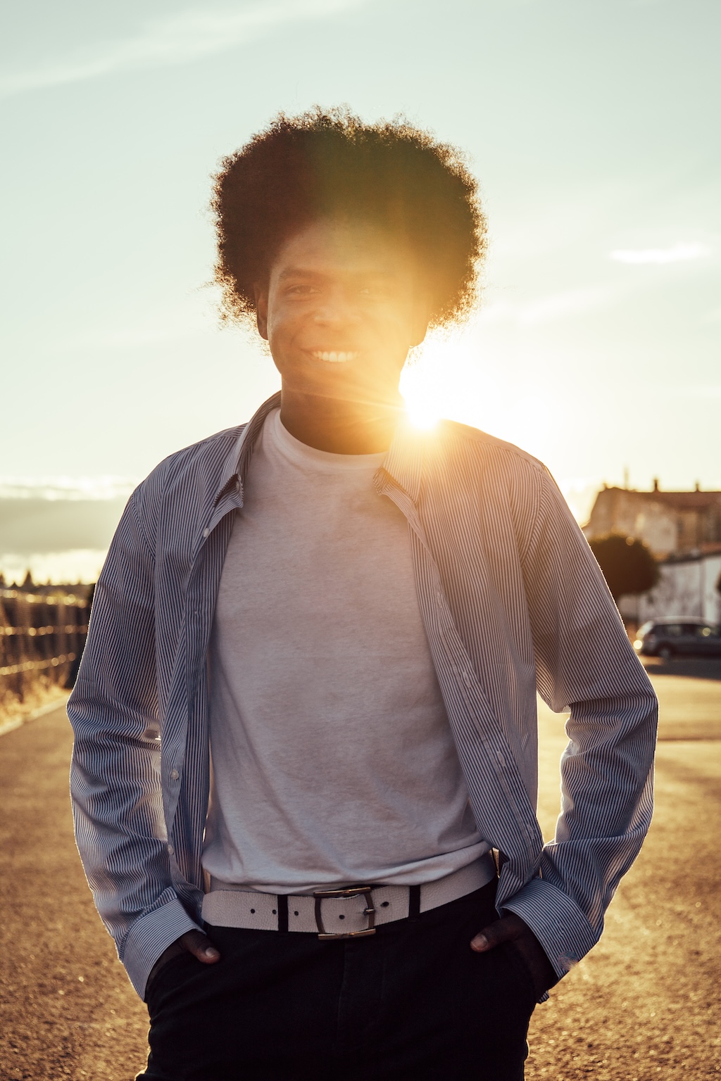 American view of young man with backlight