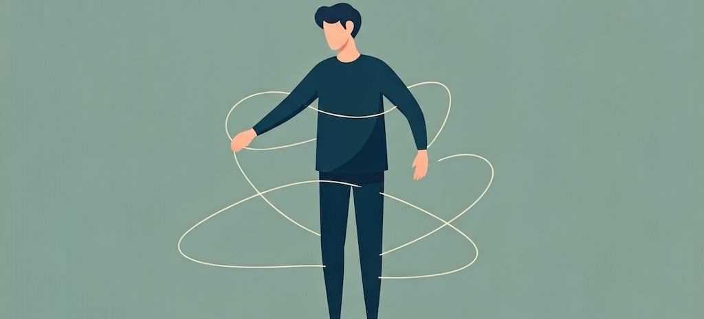 Flat modern illustration in a professional mental health style. A young adult figure with soft abstract motion lines around their hands and legs, symbolizing repetitive movements like tapping or bouncing that represent ADHD stimming. Calming color palette in navy blue, sage green, beige, and offwhite. Conceptual, clean, approachable aesthetic with soft gradients, no text.