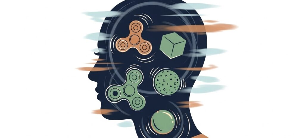 Abstract illustration of a human head silhouette with soft circular motion patterns. Inside the silhouette are simplified icons of fidget toys — spinner, cube, stress ball — symbolizing ADHD stimming. Flat modern style, navy and neutral tones with sage green accents, no text.