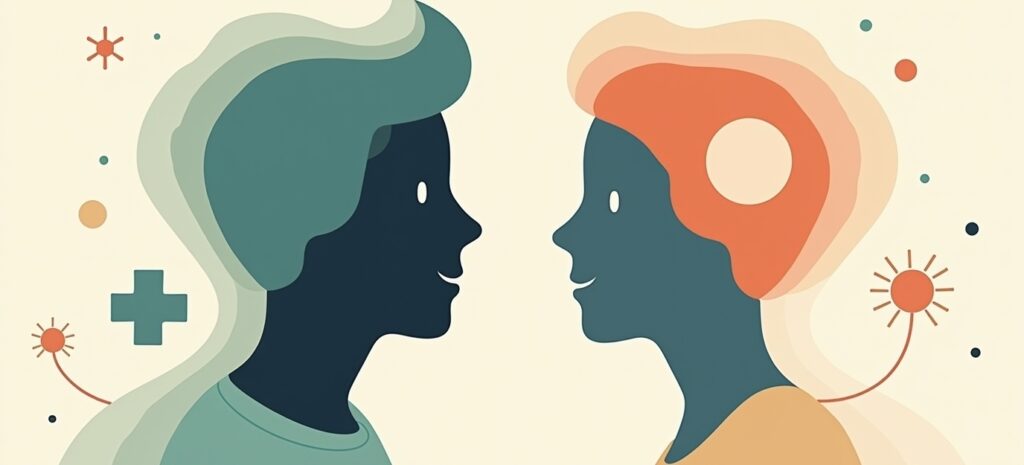 Flat modern illustration in a conceptual mental health style. Two sidebyside human silhouettes representing ADHD and autism stimming. Left silhouette surrounded by soft layered wave shapes symbolizing sensory management and emotional regulation (autism). Right silhouette with circular motion lines and sparklike accents symbolizing focus and energy regulation (ADHD). Clean minimalist design with calming colors navy blue, sage green, beige, and offwhite. Professional, approachable, no text.