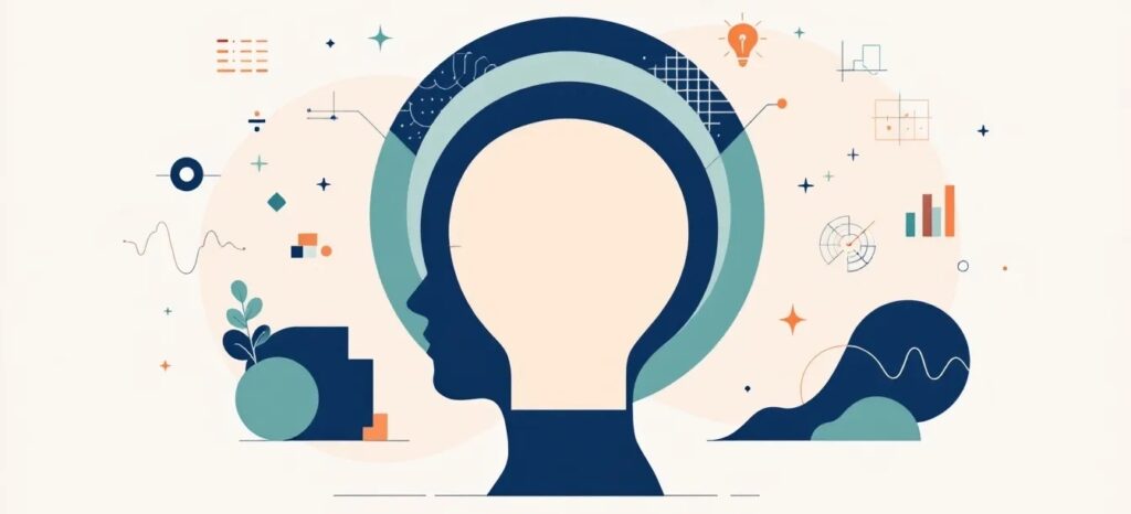 Flat modern illustration in a conceptual mental health style. A central human head silhouette surrounded by layered geometric shapes and abstract testing icons (charts, blocks, waves), symbolizing comprehensive ADHD evaluation. Clean, professional, evidencebased aesthetic with calming navy blue, sage green, beige, and offwhite palette. Minimalist, approachable, no text.