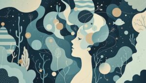 Conceptual minimalist design: overlapping shapes and lines radiating from a human profile, symbolizing ADHD stimming and energy release. Professional color palette of navy, gray, and sage green.