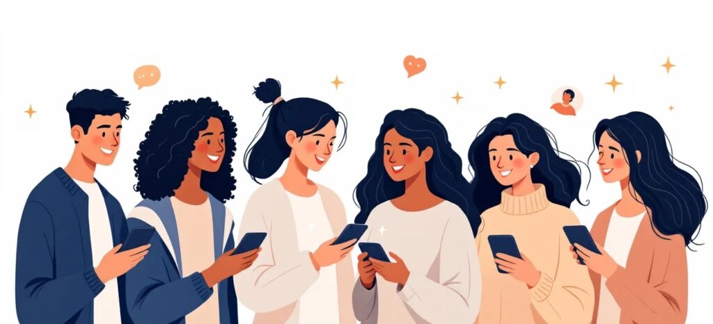 Modern illustration of diverse young adults holding smartphones, soft glowing icons around them representing mental health awareness. Clean, approachable, professional aesthetic, soft navy and beige tones, no text.