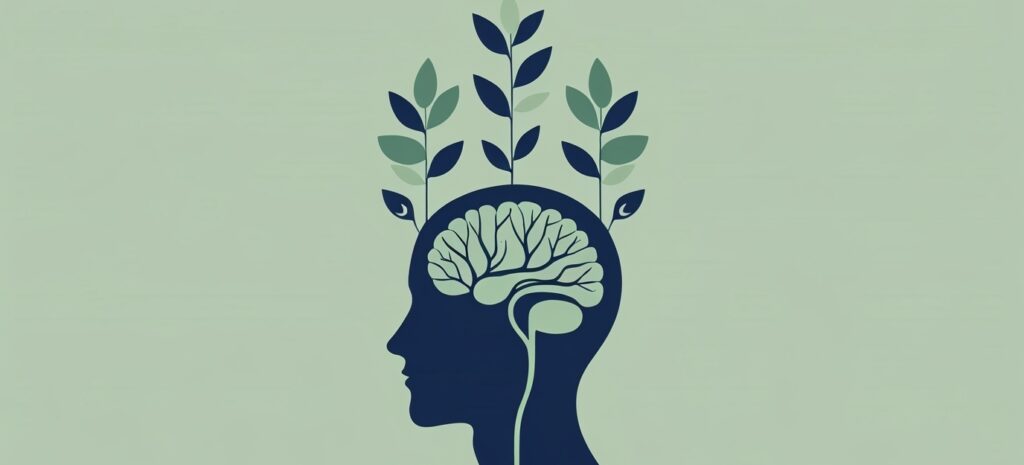 Minimalist illustration of a human head silhouette with plants and leaves growing upward, symbolizing mental health and personal growth. Clean modern healthcare aesthetic, abstract but approachable design. Colors in navy blue, gray, and neutral beige with soft green accents. No text.