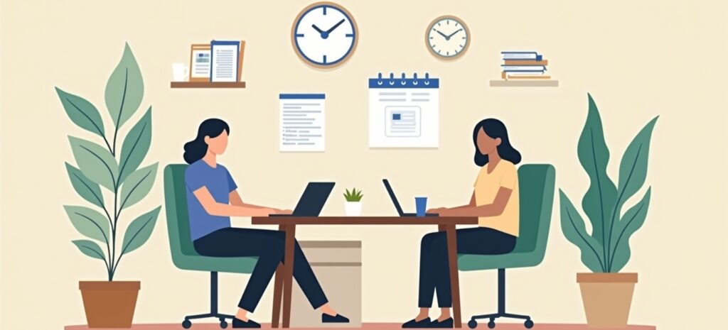 Flat modern illustration in a conceptual mental health style. Interior of a calm professional therapy or testing office with a desk, chairs, and organized papers. A wall clock and calendar subtly included, symbolizing ADHD time management support. Clean minimalist design with calming navy blue, sage green, beige, and offwhite palette. Warm, approachable, professional aesthetic, no text.