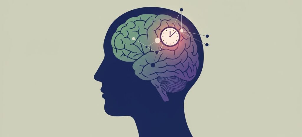 Flat modern illustration in a conceptual mental health style. Abstract human brain silhouette with integrated clock fragments and curved lines symbolizing distorted time perception. Subtle glow over the prefrontal cortex and layered connected dots representing brain connectivity and executive function. Clean minimalist design with navy blue, sage green, beige, and offwhite palette. Professional, scientific, approachable aesthetic, no text.