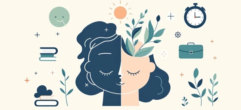 Flat modern illustration in a conceptual mental health style. Two sidebyside silhouettes representing a child/adolescent and an adult, surrounded by abstract icons symbolizing time blindness challenges: books and alarm clock for children, calendar and briefcase for adults. Clean minimalist design, professional and approachable, with a calming palette of navy blue, sage green, beige, and offwhite. No text.