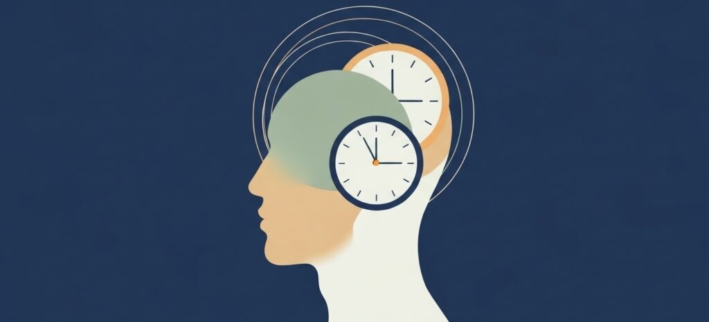 Flat modern illustration in a conceptual mental health style. Abstract human head silhouette with fragmented clock shapes and warped circular lines radiating outward, symbolizing ADHD time blindness and distorted perception of time. Clean minimalist design with calming navy blue, sage green, beige, and offwhite palette. Professional, approachable, no text.