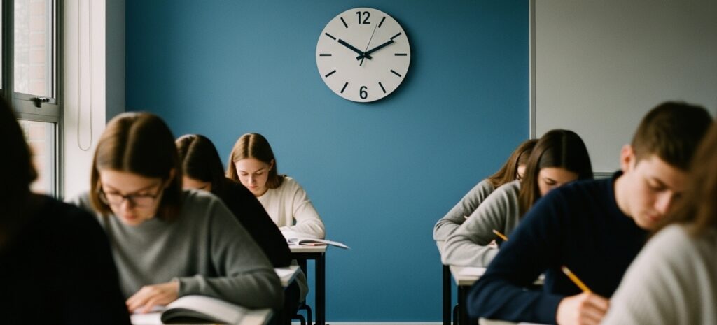 People in a classroom taking exams with clock in the background, signifying time limits and accommodations