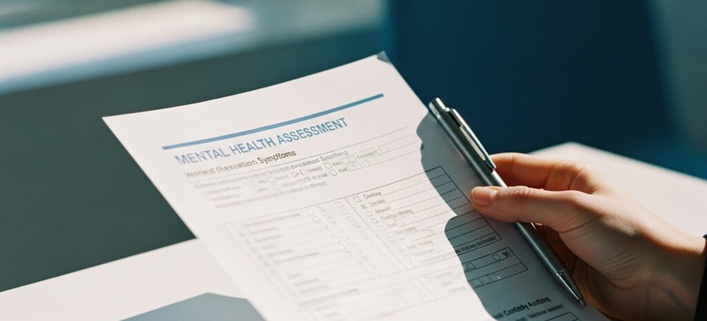 Mental health assessment form, representing the more detailed process for mental health testing that we offer at kmn psych in San Diego