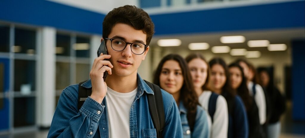 Person on the phone in line at school, discussing requirements for neuropsych testing to obtain testing accommodations