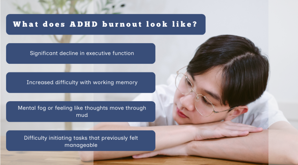 Graphic:
ADHD burnout symptoms
List: decline in executive function, increased difficulty with memory, mental fog, difficulty initiating tasks that previously felt manageable.