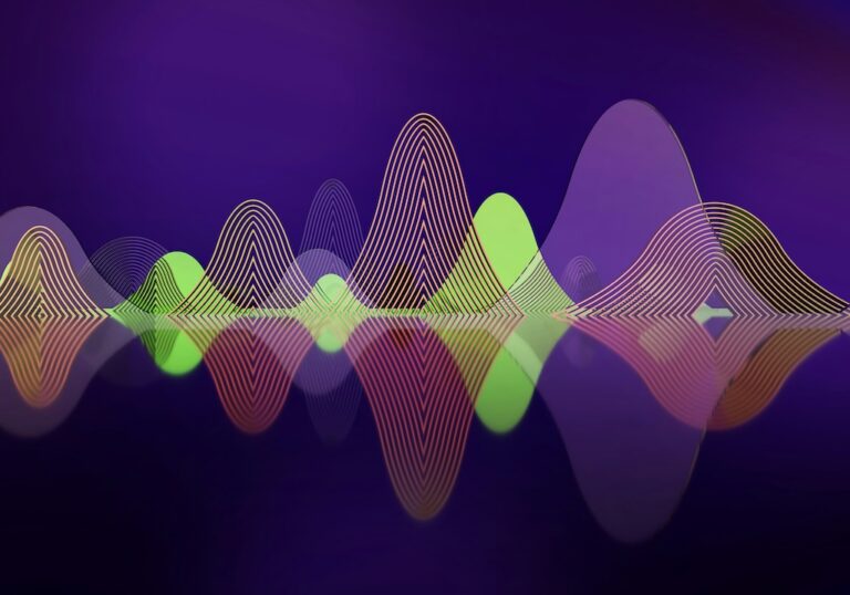 Abstract illustration of colorful sound waves and audio frequencies on a purple background, representing vocal stimming and vocal expression.